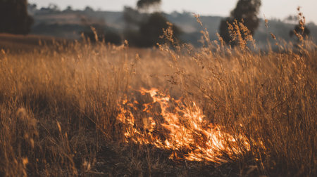 A dramatic scene of wildfire spreading across dry grassland, capturing the intensity of flames against a golden landscape during dusk.の素材