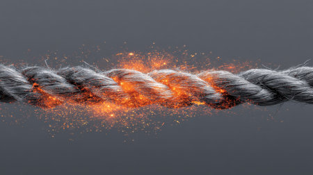 This striking image features a rope unraveling with fiery sparks and glowing embers on a dark background, highlighting themes of strength and vulnerability.の素材