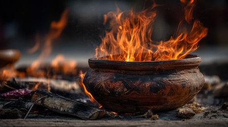 A captivating image of a clay pot sitting over an open fire, showcasing vibrant flames and the essence of traditional cooking in a rustic atmosphere.の素材