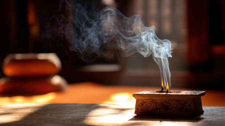 A captivating scene showcasing smoke gracefully rising from an incense burner, creating a tranquil ambiance in a softly lit indoor environment.の素材