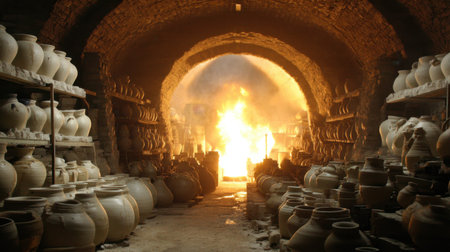 Explore the vibrant atmosphere of an ancient pottery workshop featuring clay vessels organized around a fiery kiln, showcasing traditional craftsmanship and rich heritage.の素材