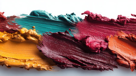 This image features vibrant and colorful paint strokes against a white background, showcasing rich textures and bold hues perfect for creative and artistic projects.の素材