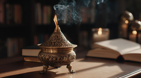 An elegant antique incense burner releases fragrant smoke in a cozy study, surrounded by books and soft candlelight, creating a tranquil atmosphere.の素材
