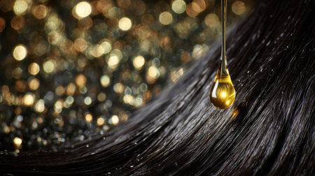 This close-up image captures a drop of natural oil gliding down shiny black hair, set against a blurred golden bokeh background, symbolizing beauty and care.の素材