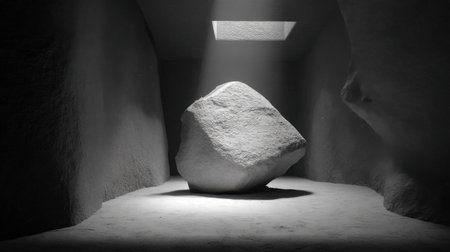 A stunning monochrome rock stands in a minimalist room, illuminated by a square opening above. The interplay of light and shadow creates a serene atmosphere perfect for artistic exploration.の素材