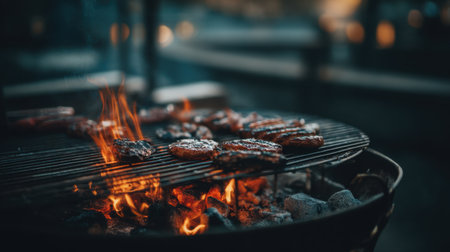 A tantalizing scene of juicy steak cooking over an open flame on a grill, with vibrant flames and glowing charcoal, perfect for summer gatherings.の素材