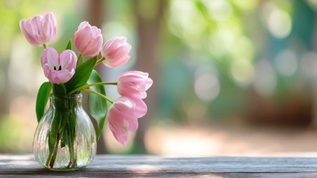 A beautiful arrangement of delicate pink tulips in a clear glass vase sits on a wooden table, complemented by a softly blurred background. Ideal for spring themes.の素材