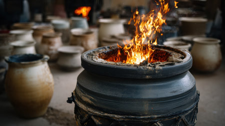 A striking display of traditional pottery with a vibrant fire burning in a rustic setting, showcasing the beauty of craftsmanship and culture.の素材