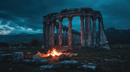 A captivating view of ancient temple ruins illuminated by flames at dusk, set against a dramatic sky. The scene evokes a sense of mystery and history.の素材