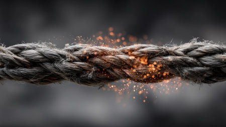 Detailed close-up of a tattered rope with glowing sparks illustrating energy release, set against a blurred dark background for dramatic effect.の素材