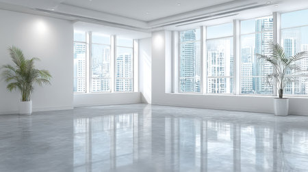 Bright and modern empty room with large windows offering a view of the city skyline. The space is ideal for creative projects or office use.の素材