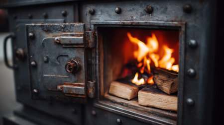 A close-up view of a rustic wood stove with flames flickering and logs burning, creating a cozy and inviting atmosphere perfect for relaxation.の素材