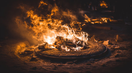 A captivating scene featuring vivid flames dancing over wood logs placed on a beautifully engraved circular base amidst a dark environment.の素材