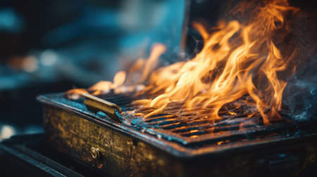 Captivating flames rise from a grill surface, creating an inviting and energetic atmosphere for outdoor cooking experiences. The vibrant fire enhances the culinary scene.の素材