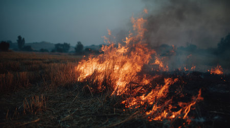 A dramatic scene depicting an intense wildfire burning through a dry grassland, showcasing the raw power of nature as flames consume the landscape under a dusky sky.の素材