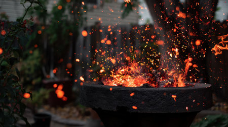 This captivating image depicts vibrant sparks flying from hot coals in an outdoor setting, creating a warm glow that enhances the evening ambiance.の素材