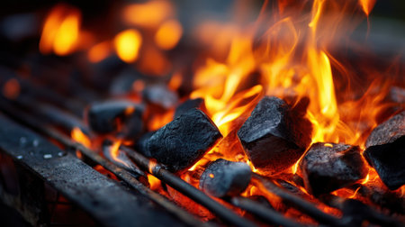 The vibrant flames dance around the glowing charcoal in a barbecue grill, showcasing the perfect scene for outdoor cooking during summer gatherings.の素材