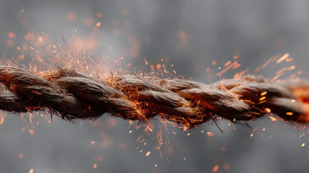 A stunning close-up image of a burning rope showcasing bright sparks and fiery threads. The dynamic scene captures the energy and intensity of the flames among the unique textures.の素材