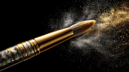 A stunning close-up of a makeup brush dispersing glitter dust, creating a magical effect against a sleek black background, ideal for beauty content.の素材