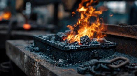 A close-up image showcasing vibrant flames erupting from a metal forge, surrounded by charcoal and the tools of an artisan workshop. The scene captures the essence of craftsmanship and heat in an industrial setting.の素材