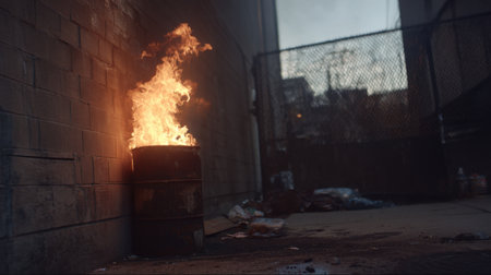 A flaming barrel stands in a dark alley, surrounded by trash, creating a stark contrast between fire and urban decay, capturing a gritty atmosphere.の素材