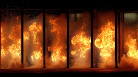 Captivating view of intense fire flames bursting forth in a dark setting, surrounded by hazy smoke and barriers, showcasing raw power and energy.の素材