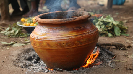 A traditional clay pot simmers over an open fire, releasing aromatic smoke while fresh ingredients await in the background, showcasing outdoor cooking.の素材
