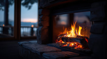 Experience the warmth and comfort of a cozy indoor fireplace with glowing flames, creating a serene atmosphere by the lakeside at twilight.の素材