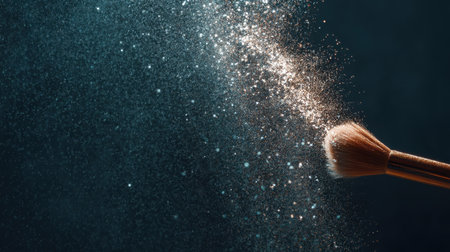 A stunning close-up image capturing the delicate dusting of shimmering particles from a makeup brush against a soft, dark background, perfect for beauty themes.の素材