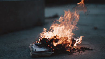 A pile of printed papers ignites fiercely, sending flames upward in an urban setting. The fire creates dynamic movements and intense heat.の素材