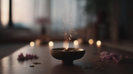 A tranquil scene featuring burning incense in a decorative bowl, surrounded by soft lighting, delicate petals, and glowing candles, creating a peaceful atmosphere.の素材