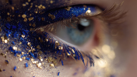This close-up image showcases stunning eye makeup featuring vibrant blue and shimmering gold glitter, perfectly accentuating the eye's beauty.の素材