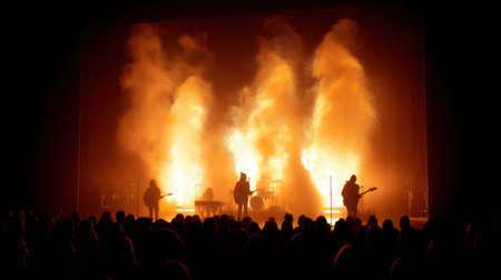 A captivating concert scene featuring musicians silhouetted against vibrant flames and energetic lights, creating an electrifying atmosphere for the audience.の素材