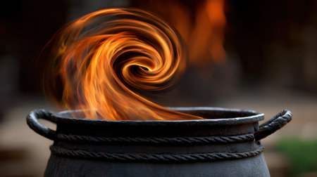 A captivating image showcasing a swirling flame rising from a dark pot, creating an enchanting atmosphere in a rustic kitchen setting.の素材