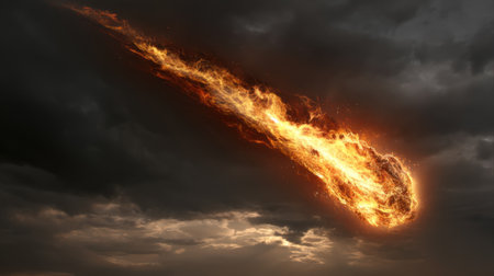 A mesmerizing fiery meteor streaks through a dark, cloudy sky, showcasing the stunning interplay of light and nature's power in the cosmos.の素材