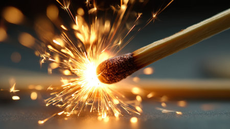Captivating close-up shot of a striking match igniting, producing bright sparks against a dark background. A mesmerizing display of warmth and light.の素材