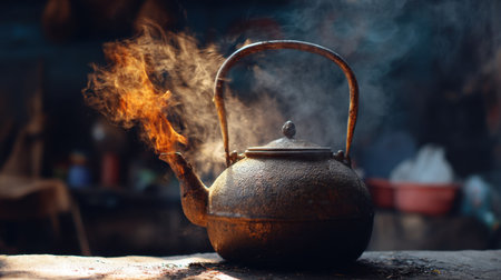 A vintage kettle sitting on a rustic surface with steam rising, evoking warmth and nostalgia in a cozy kitchen setting, perfect for home and culinary themes.の素材