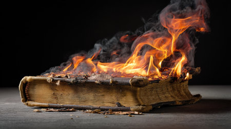 A captivating image of a burning book emitting vibrant flames and swirling smoke, symbolizing destruction and transformation in a dark setting.の素材