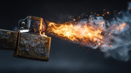 A close-up view of a vintage lighter igniting, revealing vivid flames and smoke in a dramatic light. This captivating image captures the essence of fire and energy.の素材