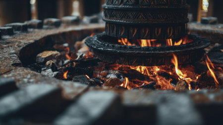 A captivating close-up view of a unique metal structure surrounded by flames and scattered rocks, creating a warm and inviting atmosphere.の素材