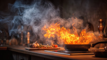 A dramatic scene showcasing intense cooking action with vivid flames and smoke rising from a frying pan in a warm kitchen setting.の素材