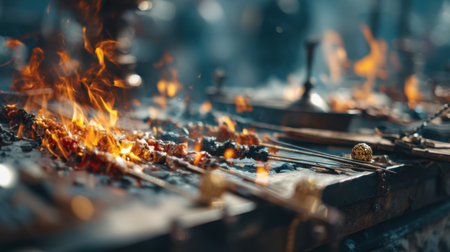 Experience the vibrant atmosphere of a street food market with sizzling grilled skewers and dancing flames in this captivating close-up image.の素材