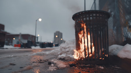 A trash can catches fire on a snowy urban street, creating a striking contrast against the gray sky and gritty environment.の素材