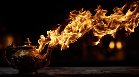 A captivating image of a vintage brass teapot with vibrant flames dancing from its spout, creating a warm and artistic kitchen atmosphere.の素材