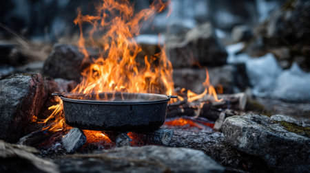 A captivating scene of a pot on a campfire, with vibrant flames and stones surrounding it, evoking a sense of adventure and warmth in nature.の素材