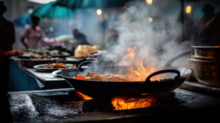 A dynamic scene showcasing the cooking process in an outdoor market kitchen, with steam rising and flames from a wok. The vibrant atmosphere captures the essence of street food culture.の素材