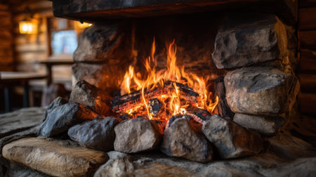 Experience the warmth of a rustic fireplace with vibrant flames and an inviting stone surround. A perfect setting for cozy moments.の素材