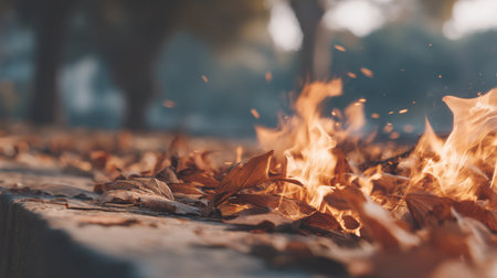 A serene outdoor scene featuring autumn leaves burning in soft sunlight, creating a warm and tranquil atmosphere on a stone pathway.の素材
