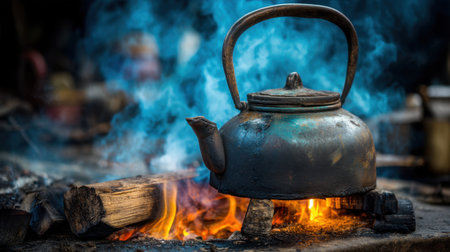 A rustic kettle sits over an open flame, creating a cozy atmosphere with steam rising and embers glowing, perfect for tea lovers.の素材