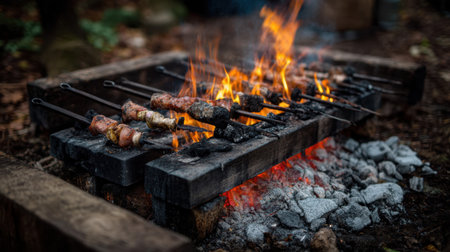 Experience the essence of outdoor cooking as skewers sizzle over an open campfire, evoking a sense of adventure and delight.の素材